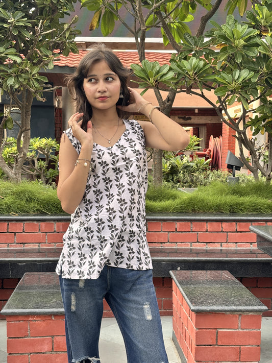 White Sleeveless Kurti with Black Leaf Print