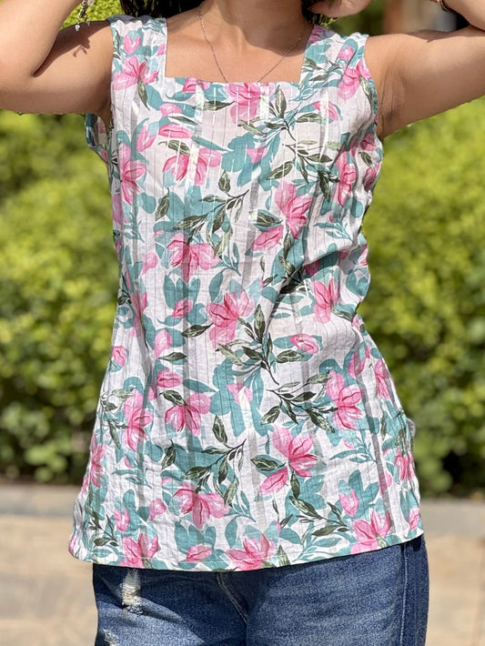 White Floral Sleeveless Kurti with Square Neck