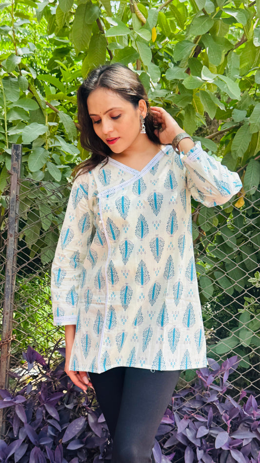 White Cotton Printed A-Line Kurti