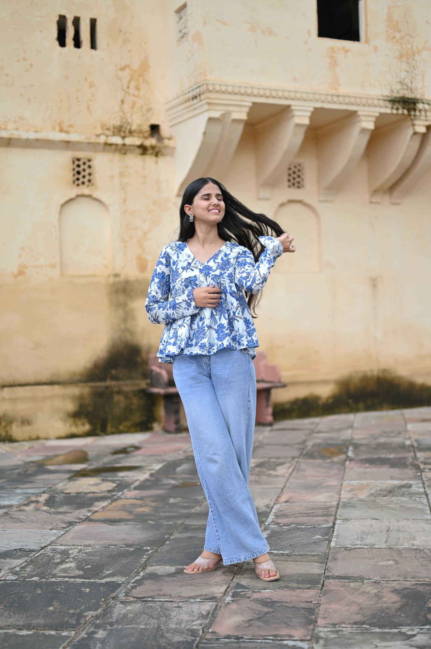 Blue Blossom A-Line Cotton Kurti