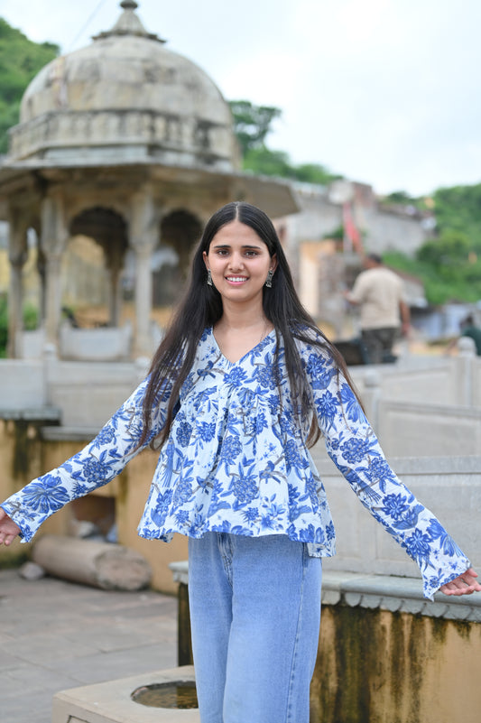 Blue Blossom A-Line Cotton Kurti