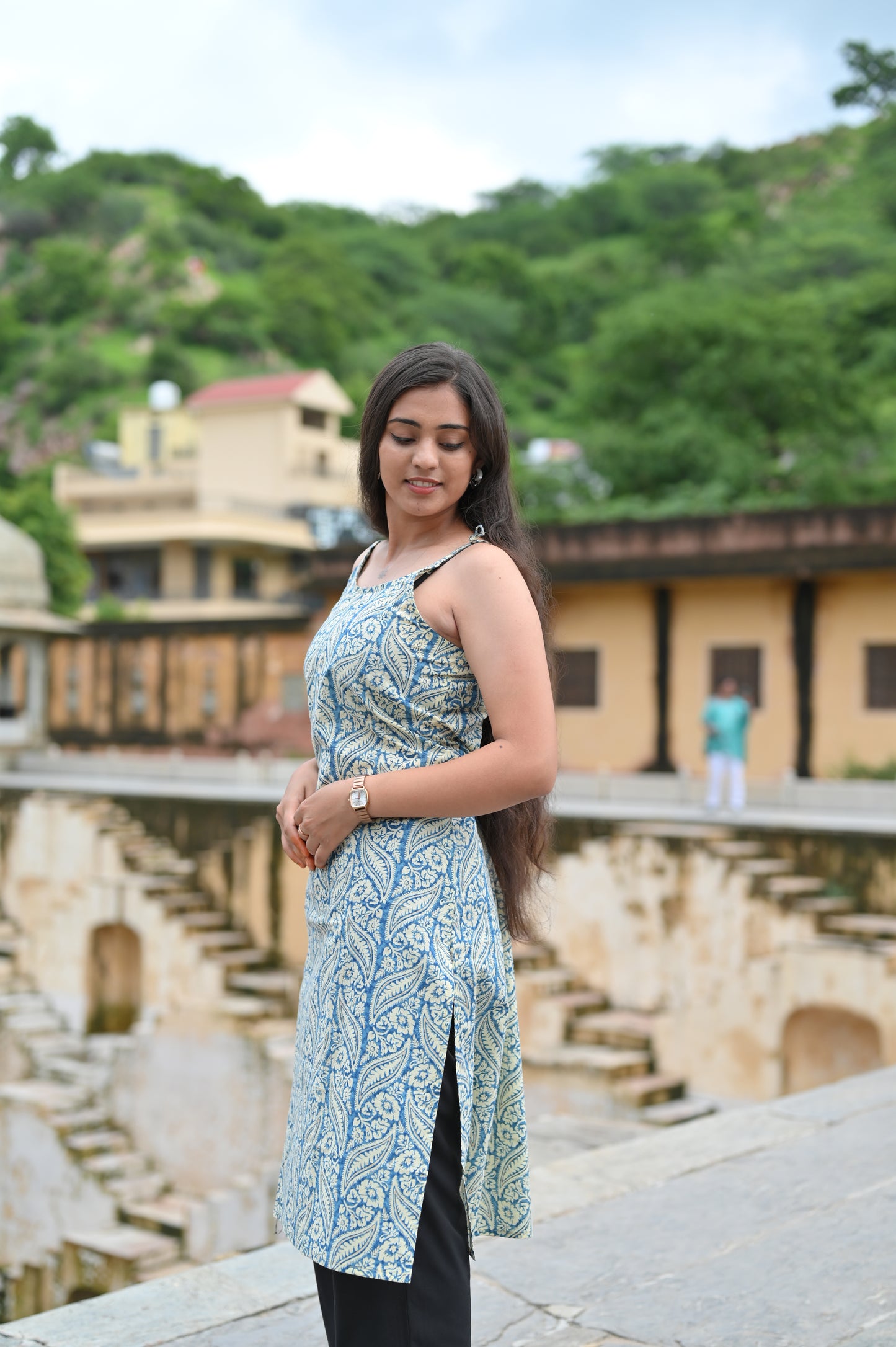 Indigo Leaf Sleeveless Cotton Kurti