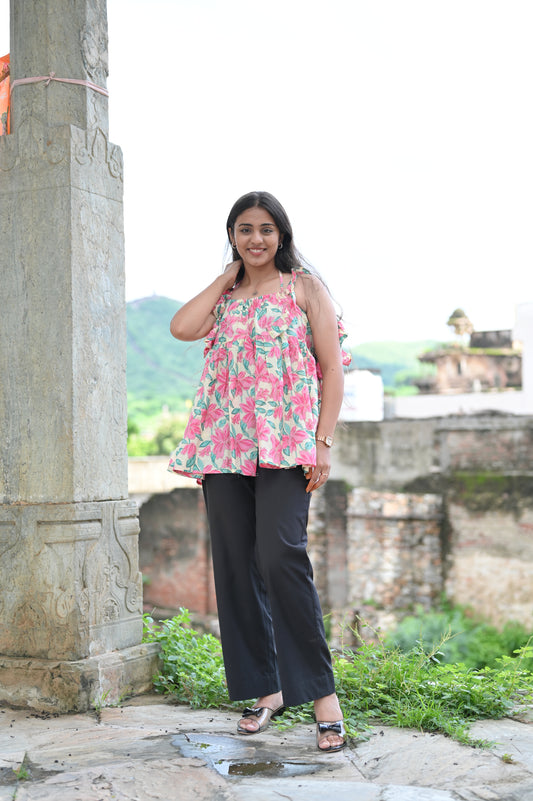 Beige & Pink Floral Ruffle Strap Top