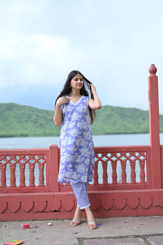 Lavender Floral Printed Kurti with Matching Pants