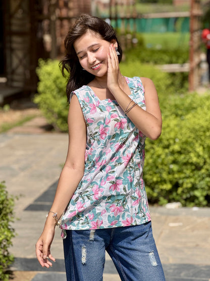 White Floral Sleeveless Kurti with Square Neck
