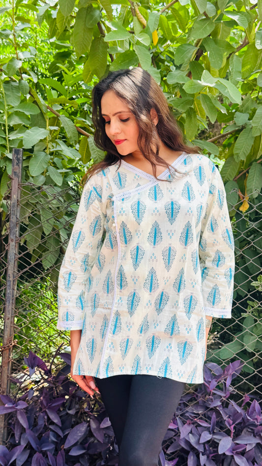 White Cotton Printed A-Line Kurti