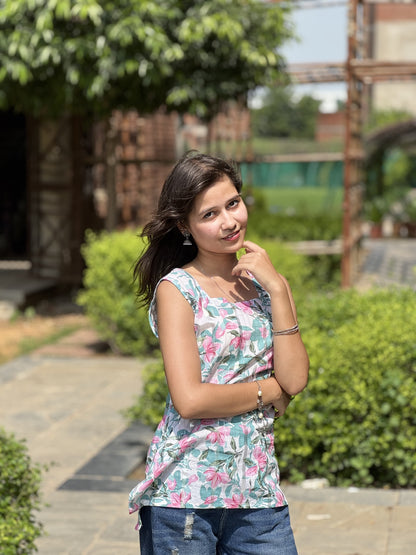 White Floral Sleeveless Kurti with Square Neck