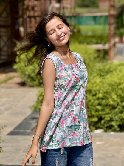 White Floral Sleeveless Kurti with Square Neck