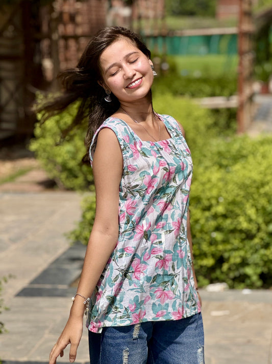 White Floral Sleeveless Kurti with Square Neck