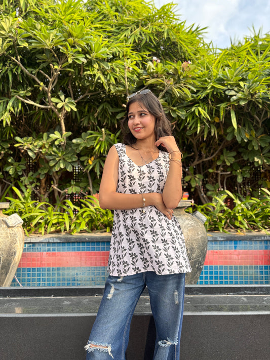 White Sleeveless Kurti with Black Leaf Print