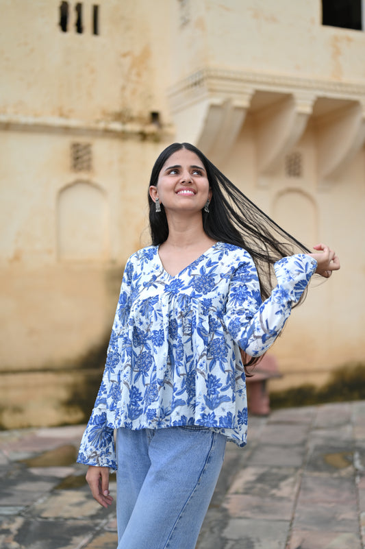 Blue Blossom A-Line Cotton Kurti