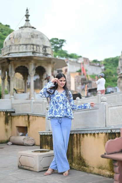 Blue Blossom A-Line Cotton Kurti