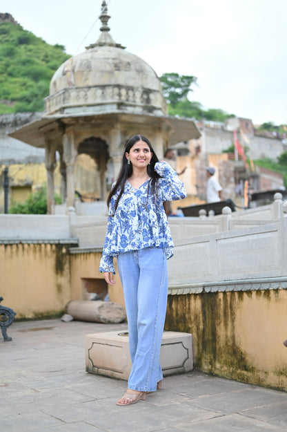Blue Blossom A-Line Cotton Kurti
