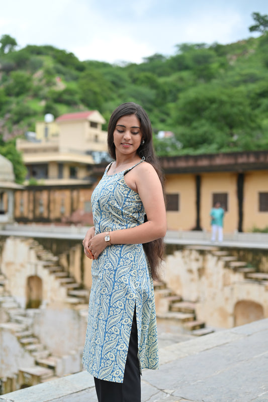 Indigo Leaf Sleeveless Cotton Kurti