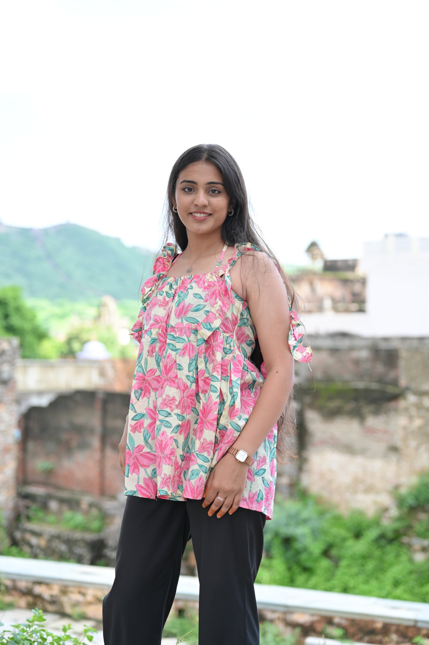 Beige & Pink Floral Ruffle Strap Top