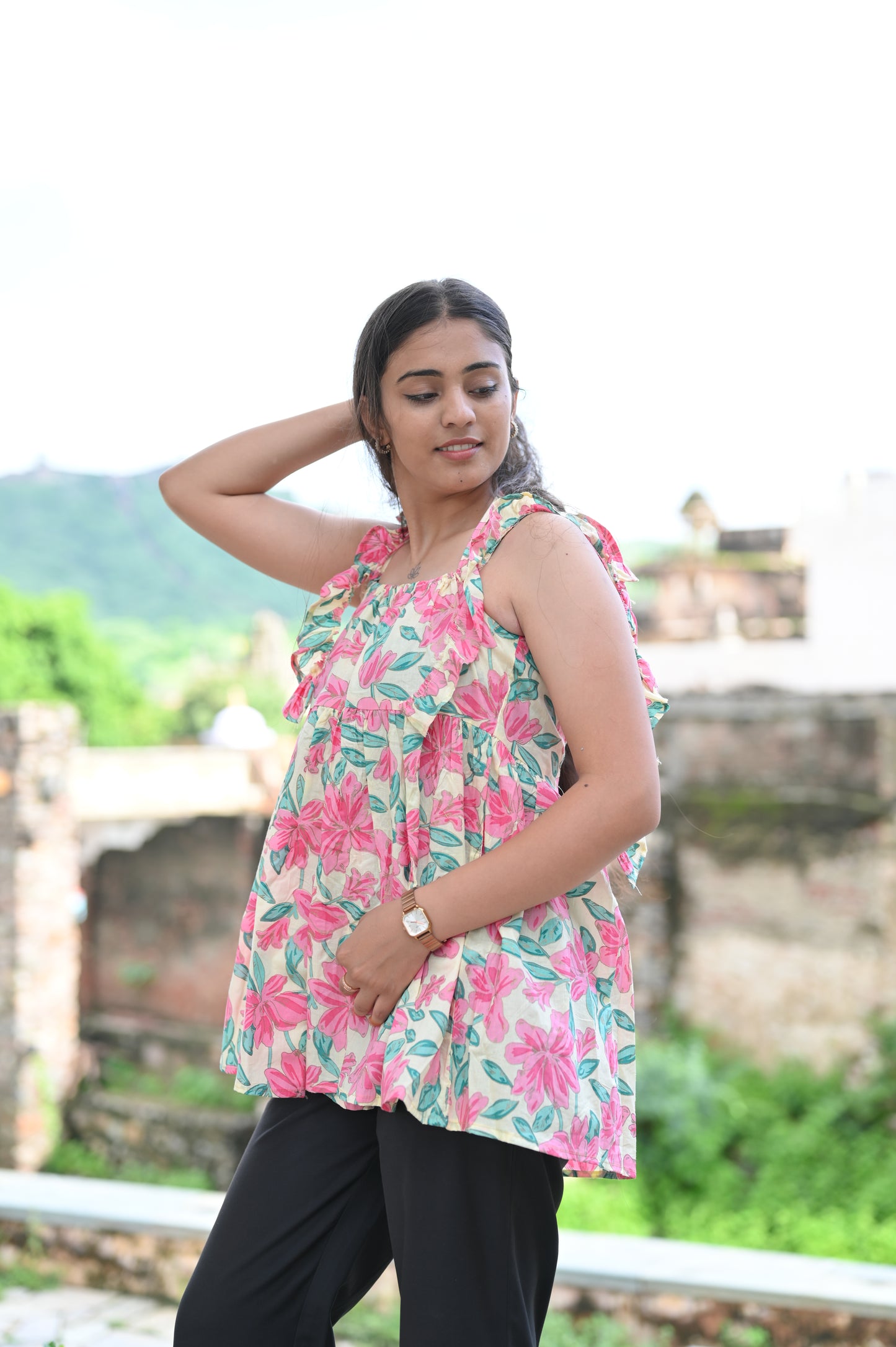 Beige & Pink Floral Ruffle Strap Top
