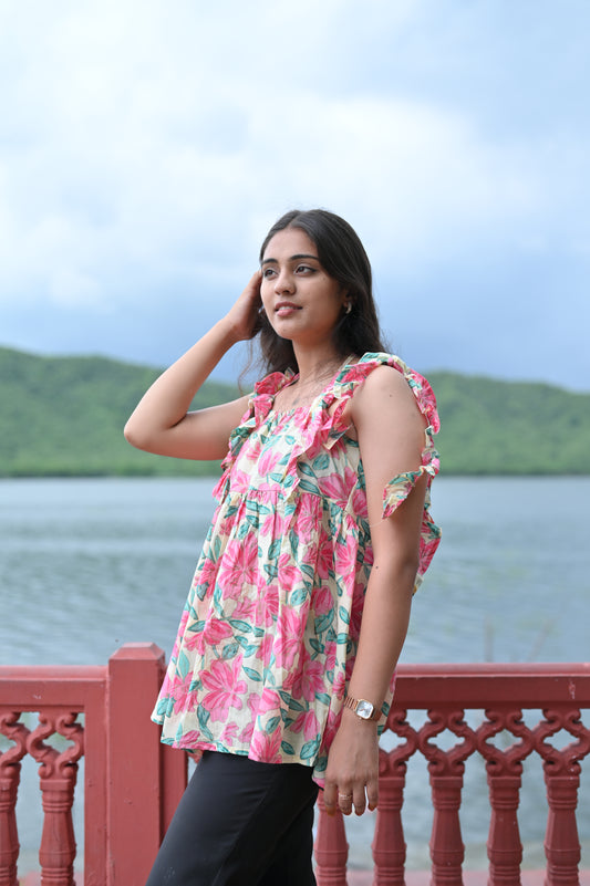 Beige & Pink Floral Ruffle Strap Top