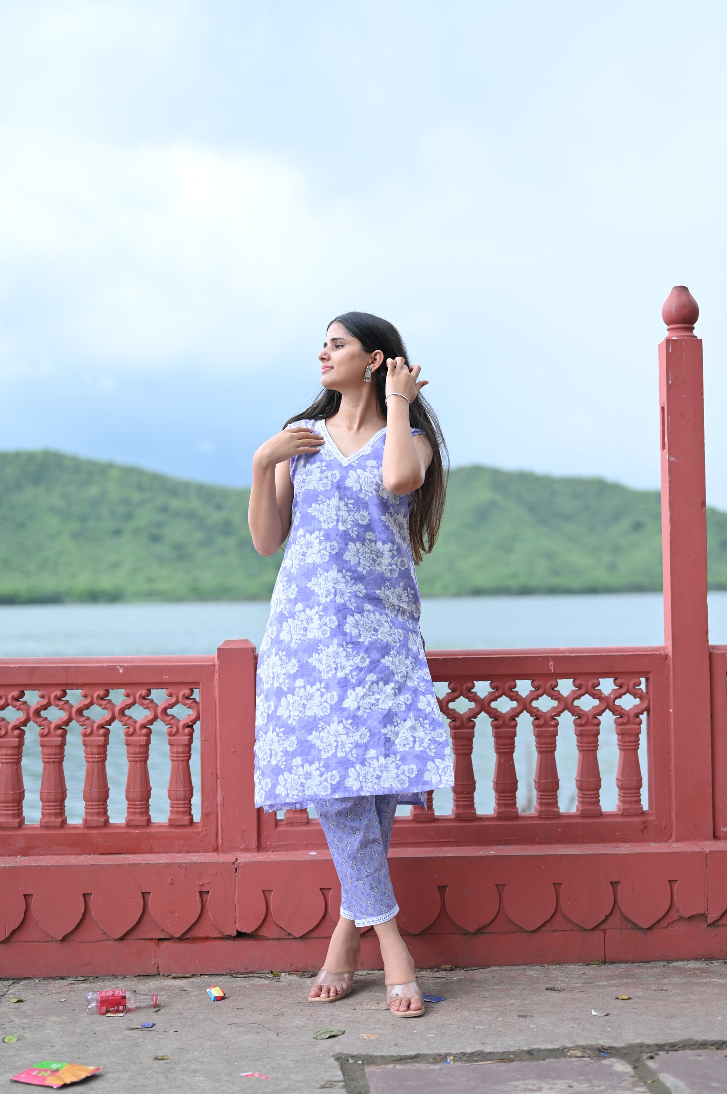 Lavender Floral Printed Kurti with Matching Pants