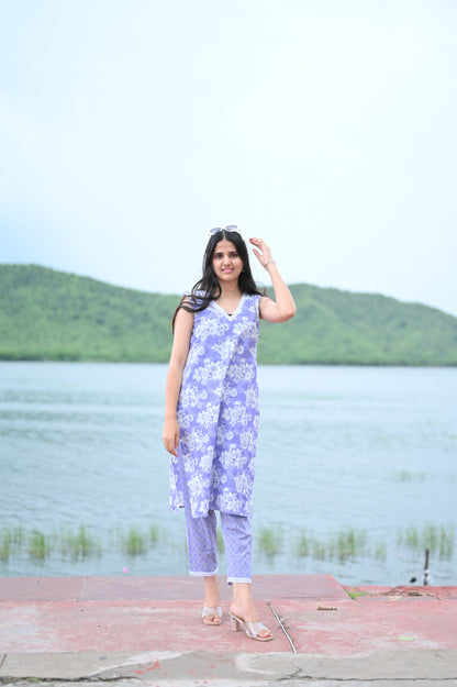 Lavender Floral Printed Kurti with Matching Pants
