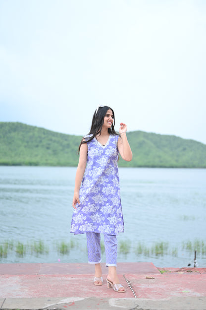 Lavender Floral Printed Kurti with Matching Pants