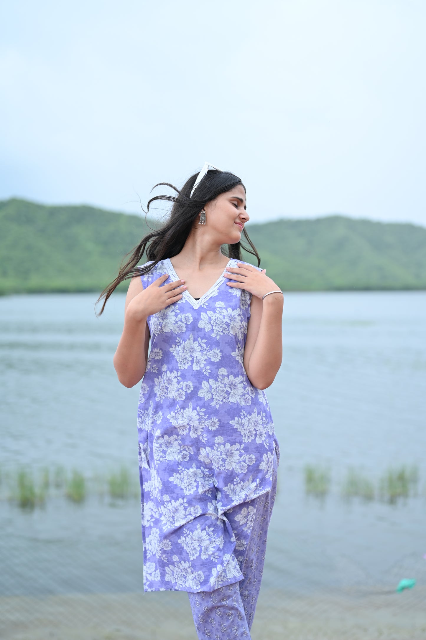 Lavender Floral Printed Kurti with Matching Pants