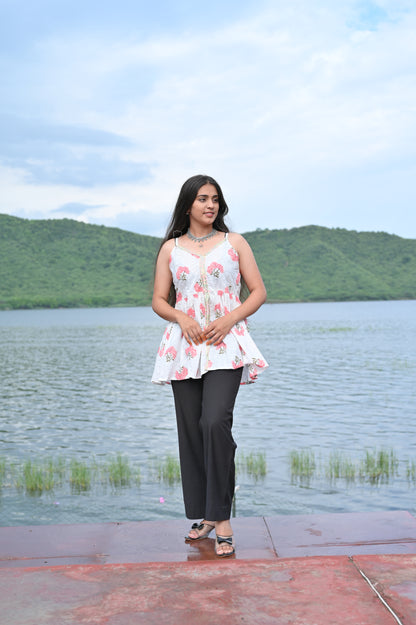 White Floral Sleeveless Kurti / Tunic Top