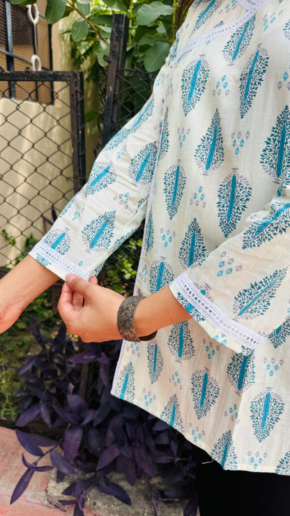 White Cotton Printed A-Line Kurti
