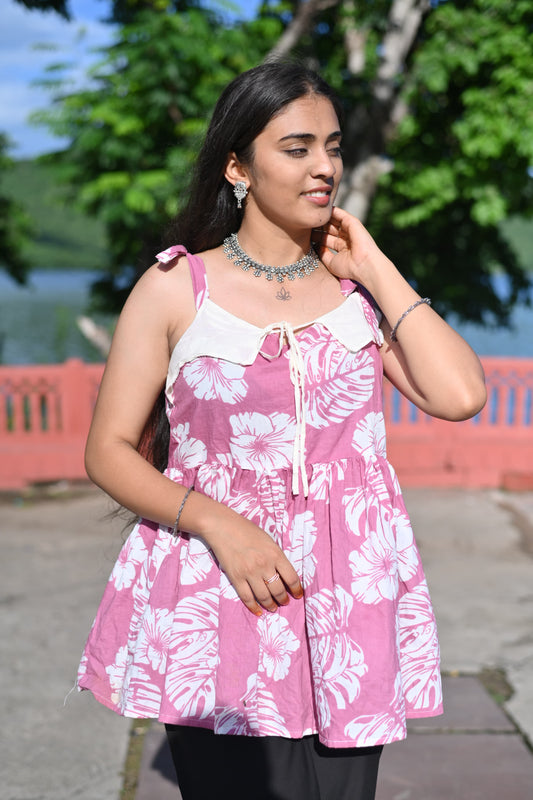 Dusty Rose Floral Sleeveless Top with Collar Detail